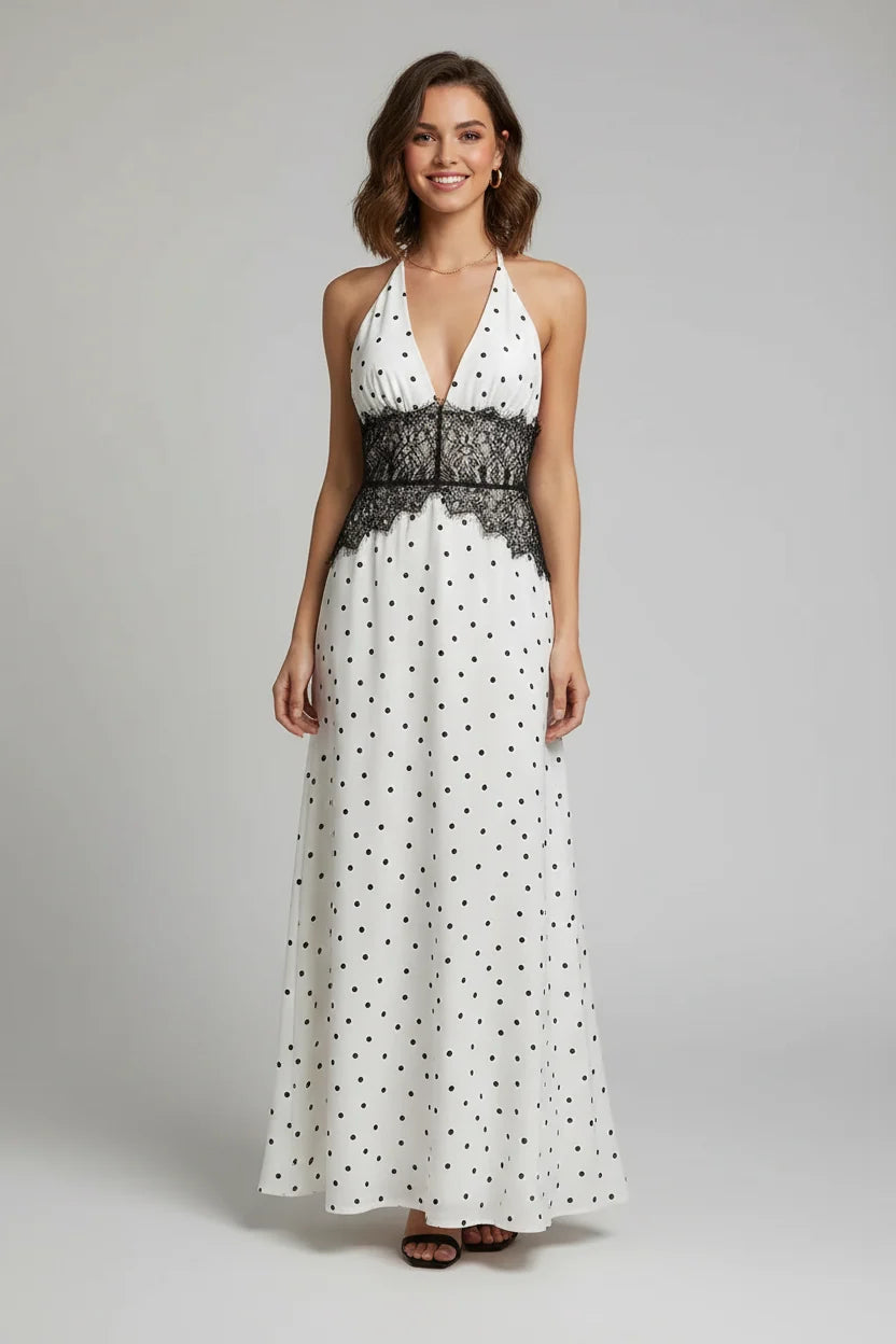 Women's Satin Halter Maxi Dress – Open Back V-Slit