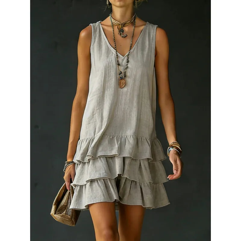 Women's Sleeveless V-Neck Mini Dress – Cotton-Linen Relaxed Fit