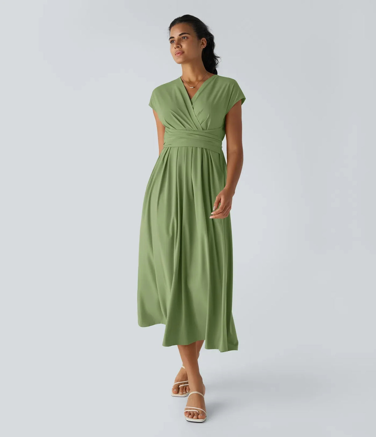 Women's V-Neck Midi Dress – Elastic Waist Flared Fit