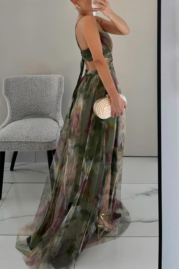 Women's Floral Mesh Maxi Dress – Fitted Bodice Tiered Skirt