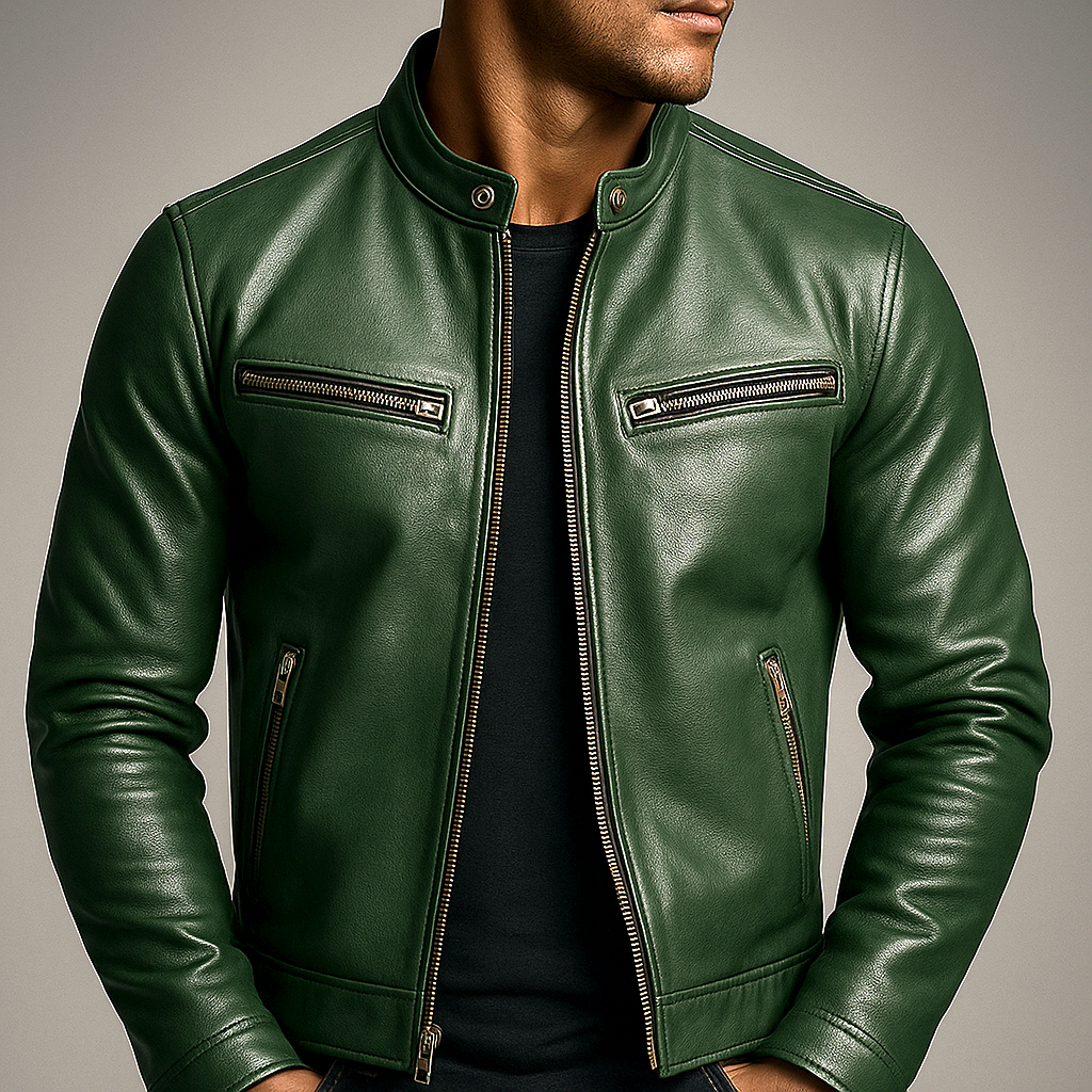 Men's Leather Jacket – Stand Collar Zip Front