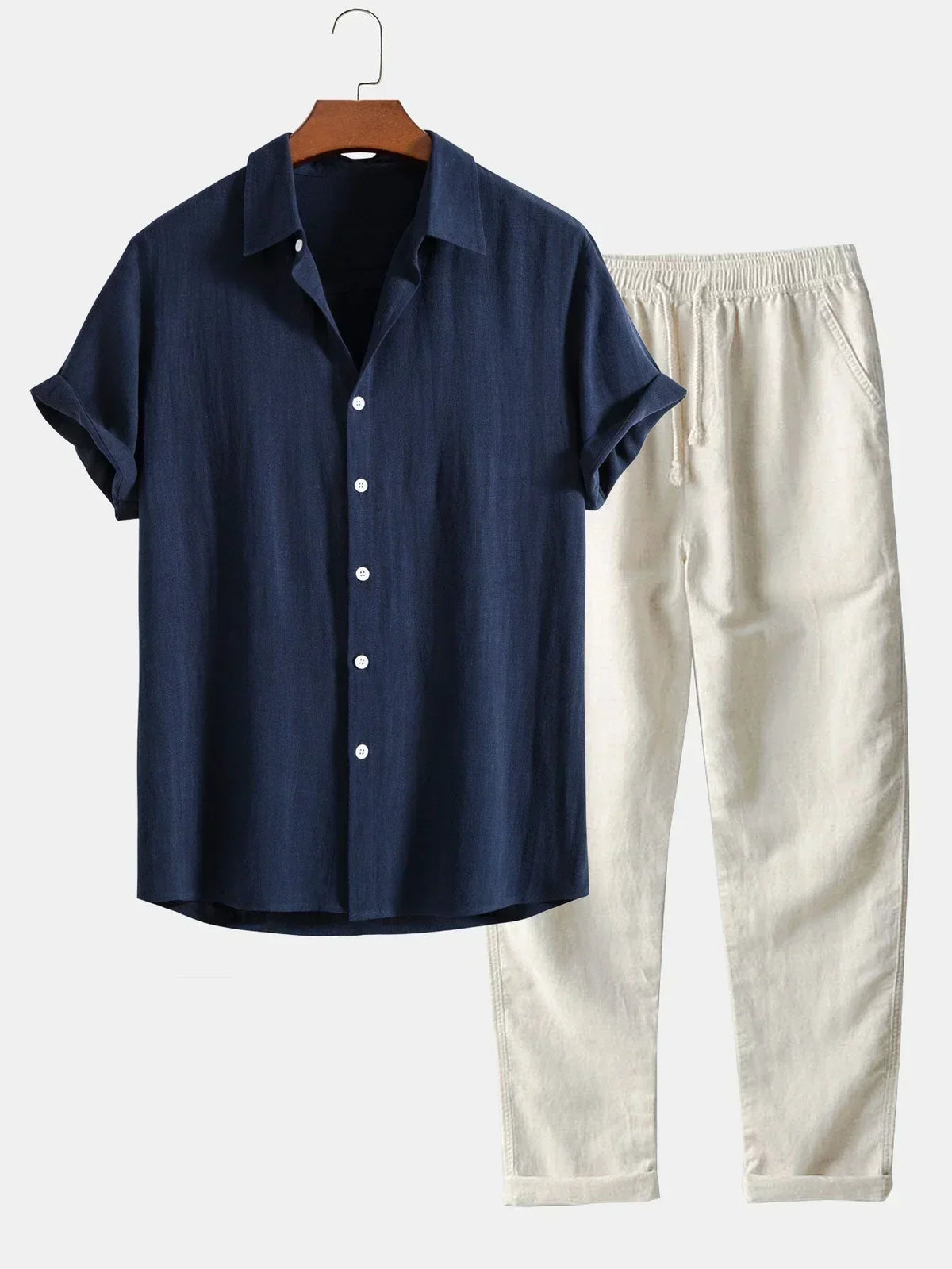 Men's Linen Two-Piece Set – Short Sleeve Drawstring