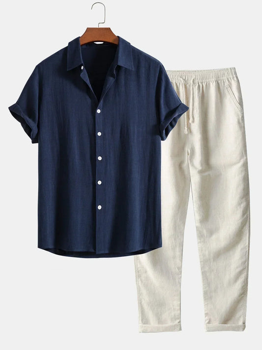 Men's Linen Two-Piece Set – Short Sleeve Drawstring