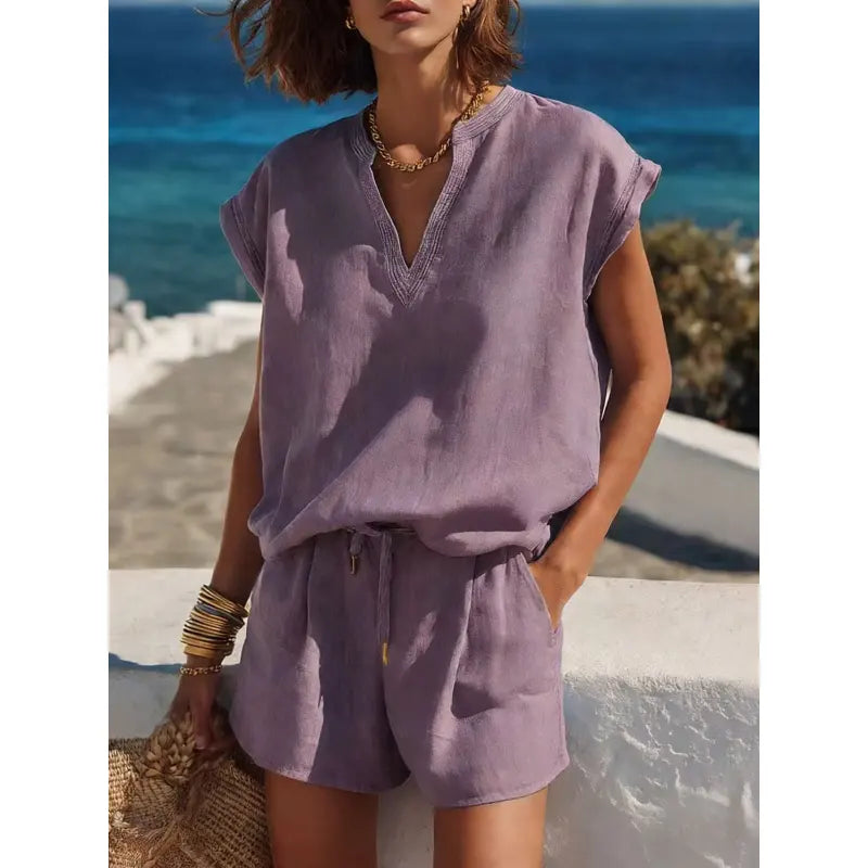 Women's Two-Piece Shorts Set – V-Neck Piped Top