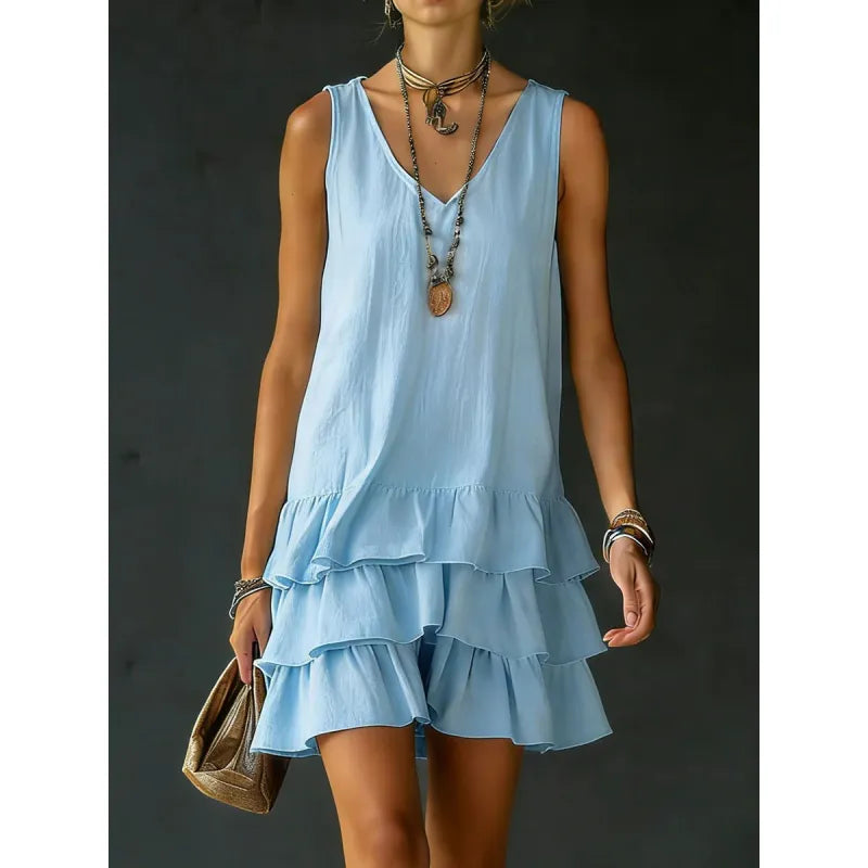 Women's Sleeveless V-Neck Mini Dress – Cotton-Linen Relaxed Fit