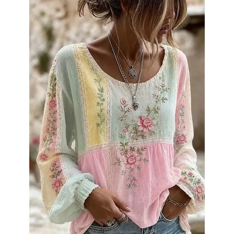 Women's Embroidered Linen-Blend Top – Relaxed Long Sleeve