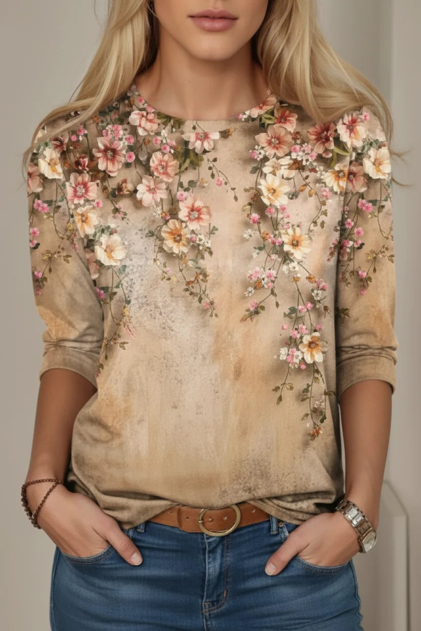 Women's Long Sleeve Knit Top – Ombré Floral Crew Neck