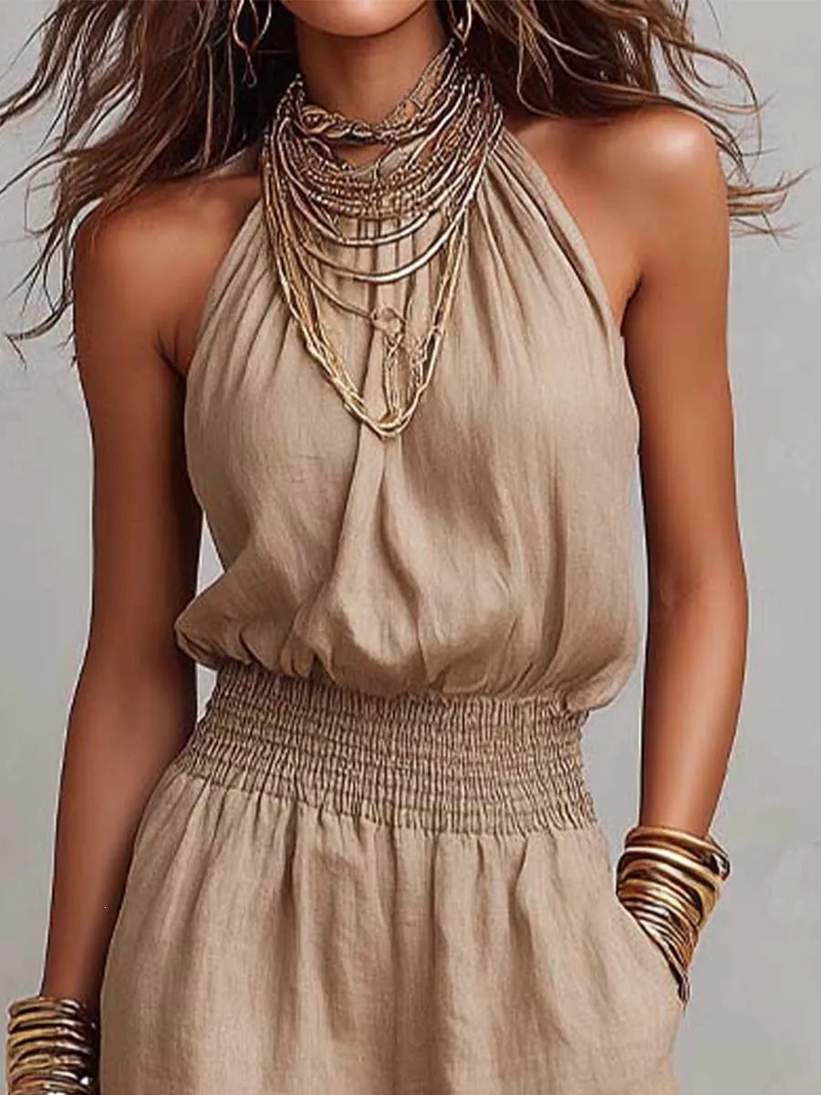 Women's Halter Neck Jumpsuit – Smocked Waist Wide Leg