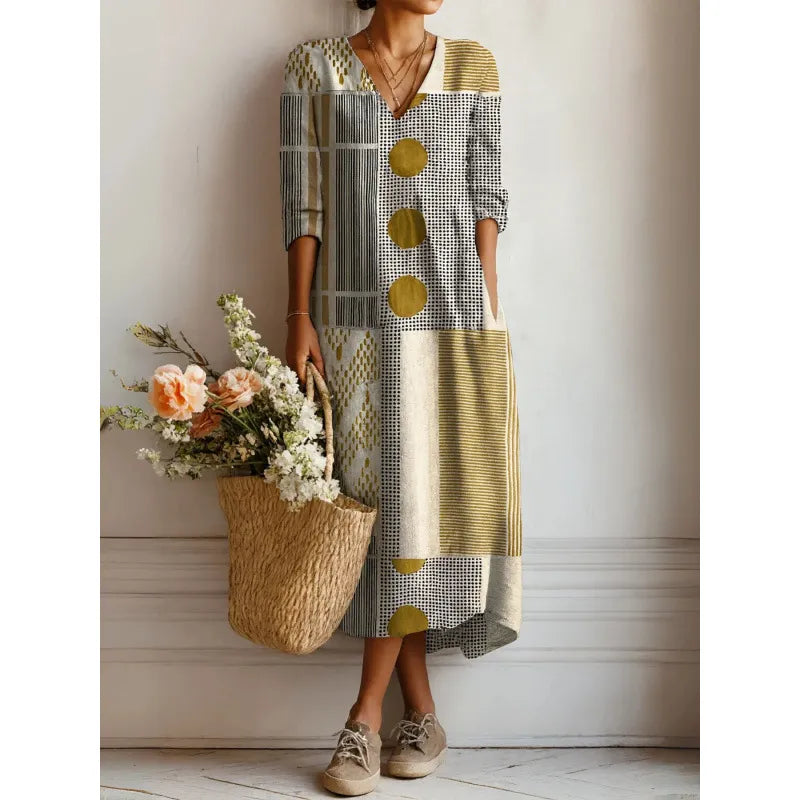 Women's Printed Midi Dress – Mosaic V-Neck Relaxed Fit
