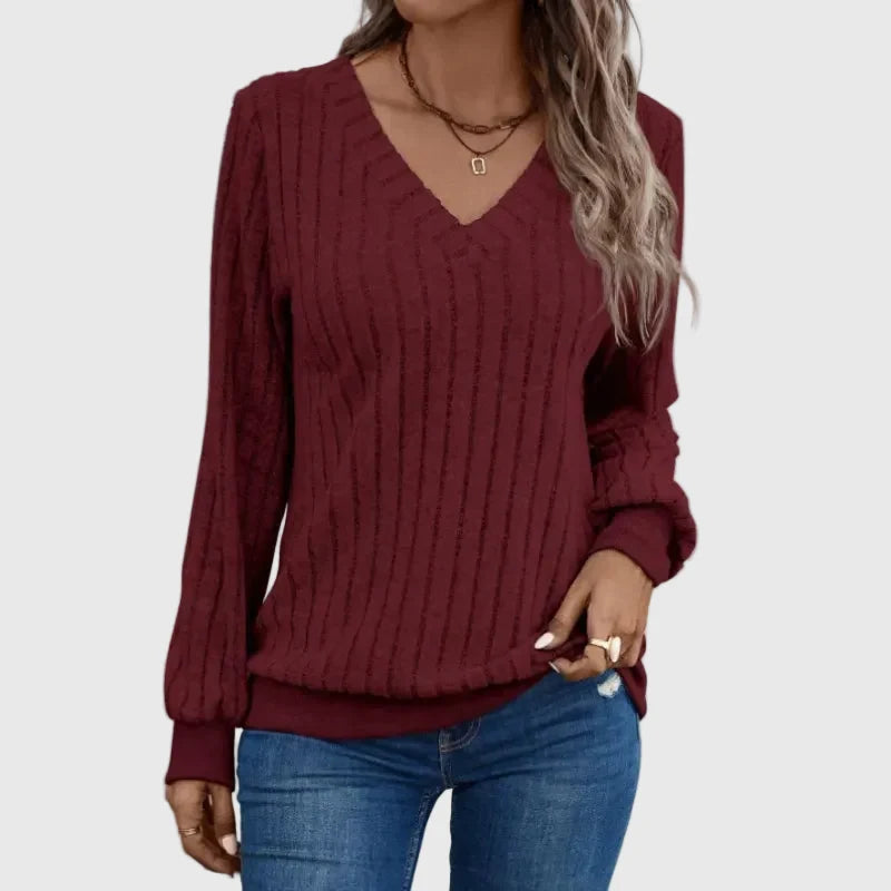 Women's V-Neck Knit Top – Brushed Rib Stripe