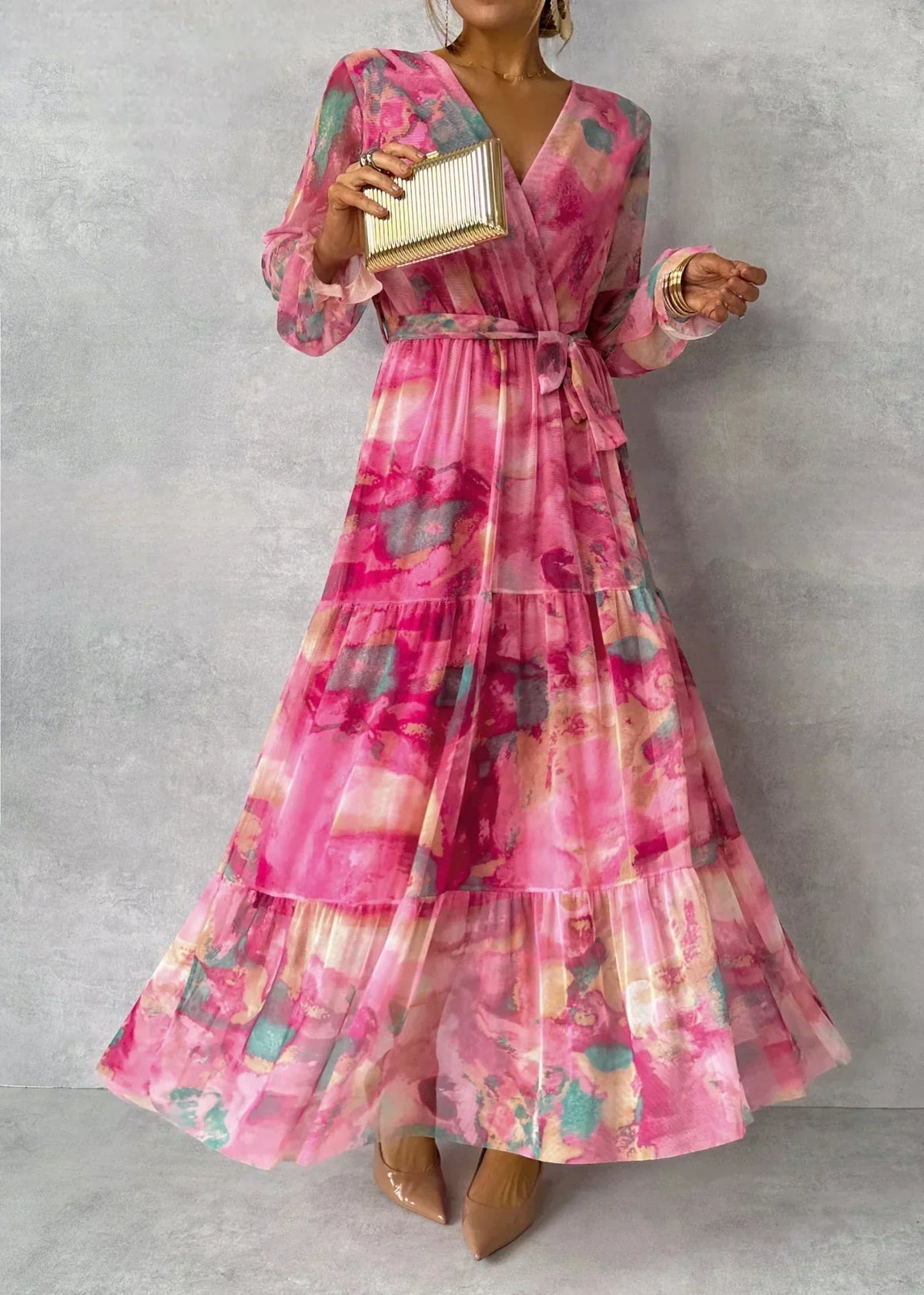 Women's Floral Chiffon Wrap Maxi Dress – Tiered Ruffle Skirt