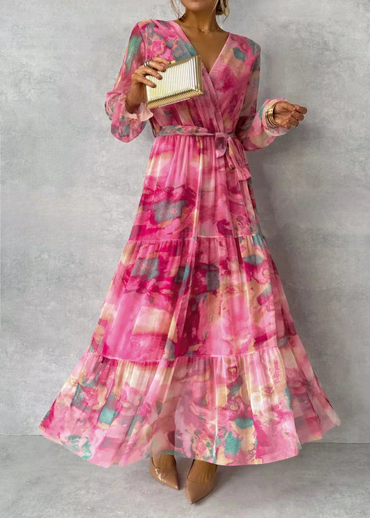 Women's Floral Chiffon Wrap Maxi Dress – Tiered Ruffle Skirt