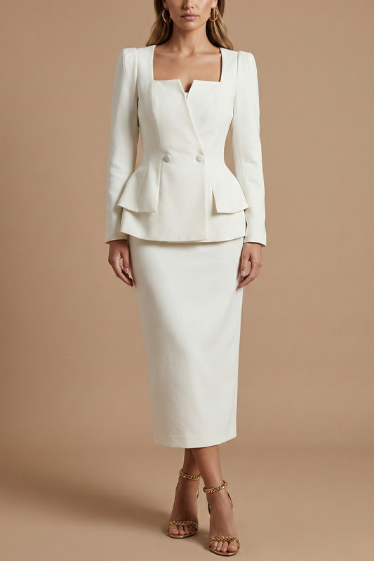 Women's Peplum Blazer and Midi Skirt Set – Square Neck