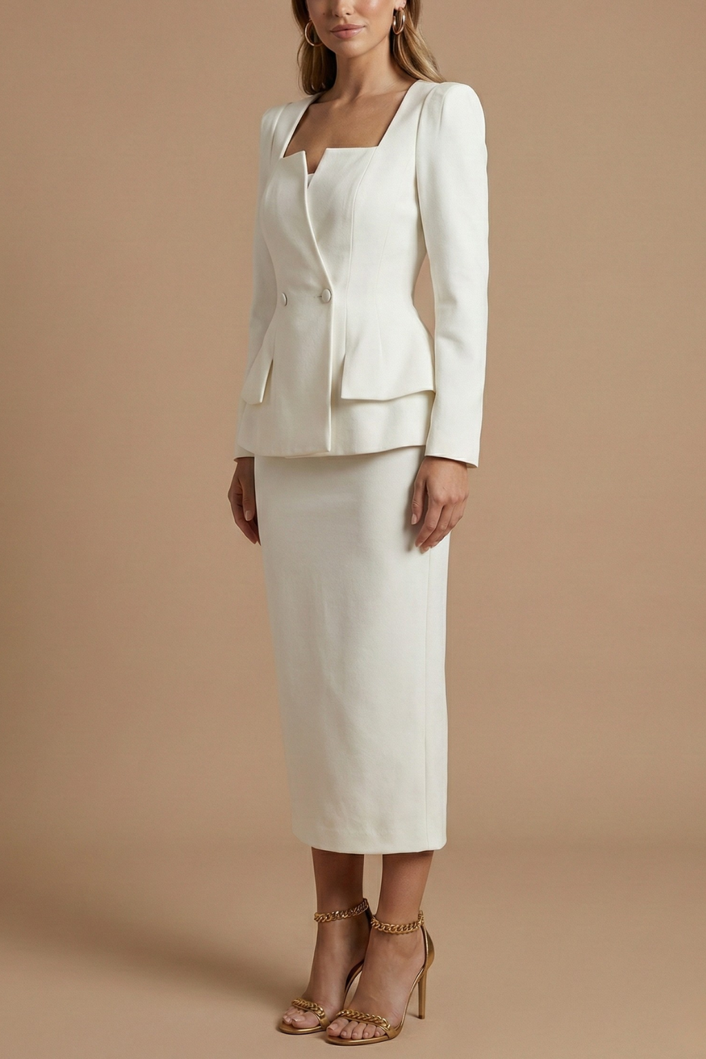 Women's Peplum Blazer and Midi Skirt Set – Square Neck