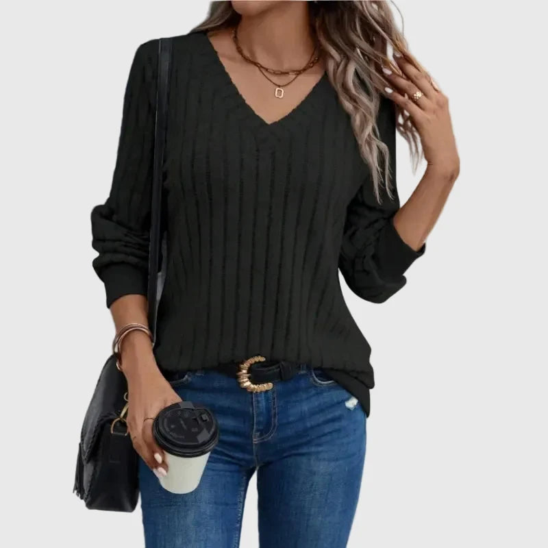 Women's V-Neck Knit Top – Brushed Rib Stripe