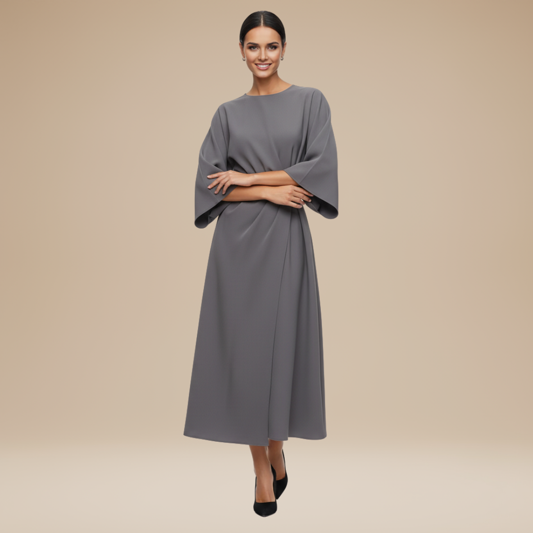 Women's Belted Wrap Midi Dress – Wide Flowing Sleeves