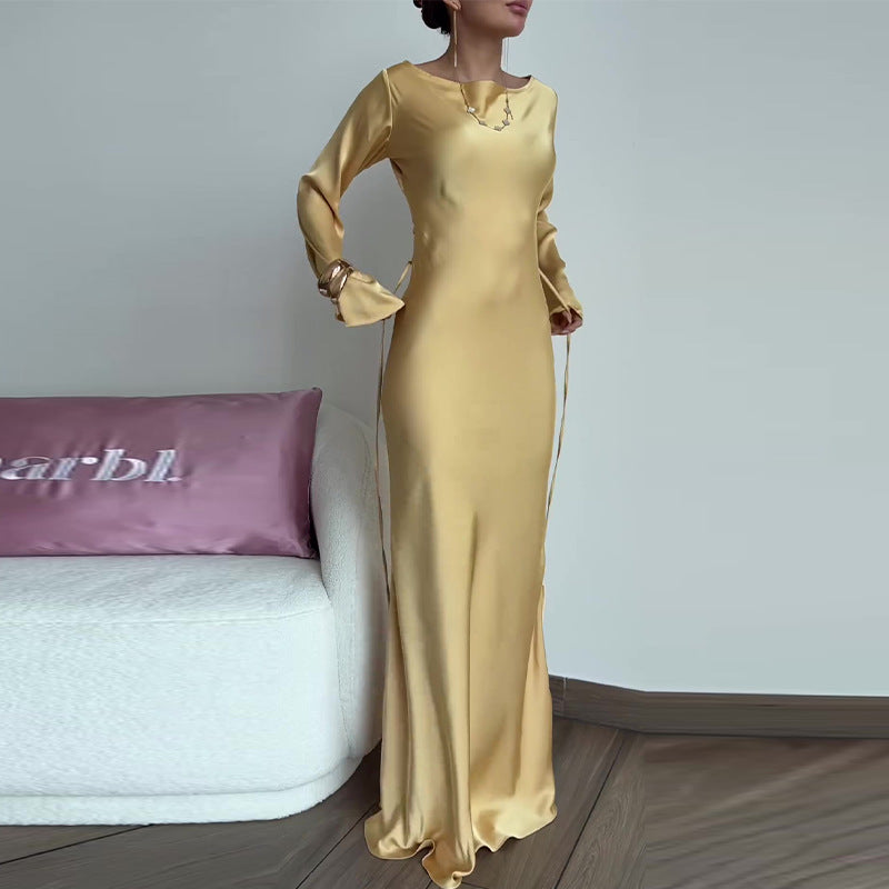 Women's Long Sleeve Maxi Dress – Fitted Bodice, Fluid Skirt