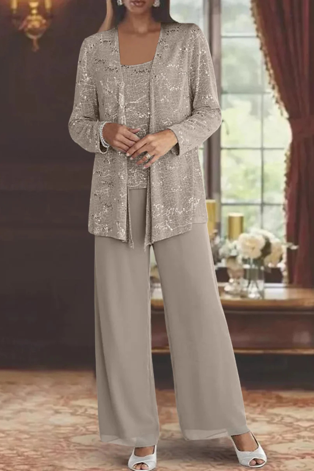 Women's Sequin Lace Suit Set – Three-Piece Wide-Leg