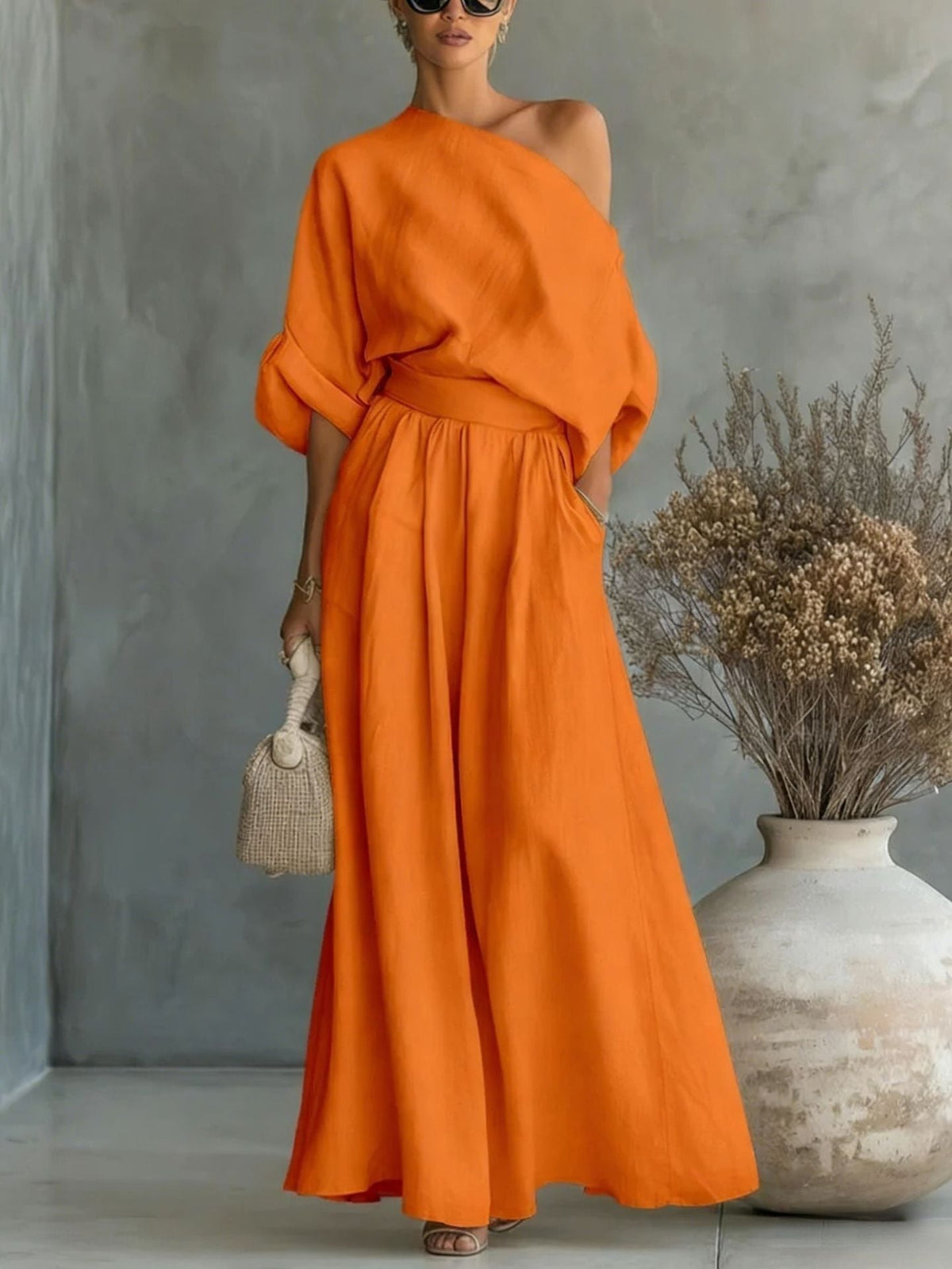 Women's Linen Two-Piece Set – Draped Blouse & Wide-Leg Pants