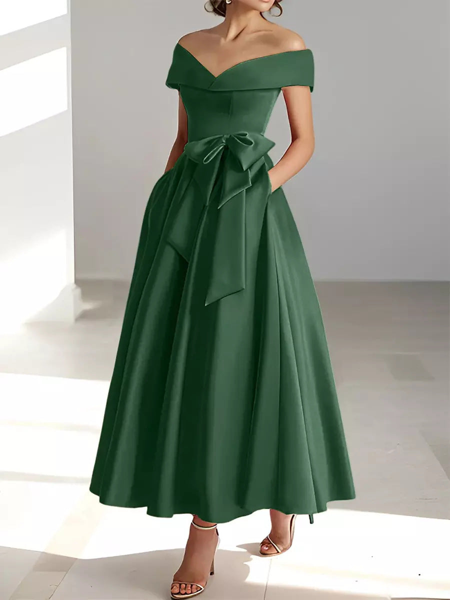 Women's Satin A-Line Dress – Off-Shoulder Ankle Length