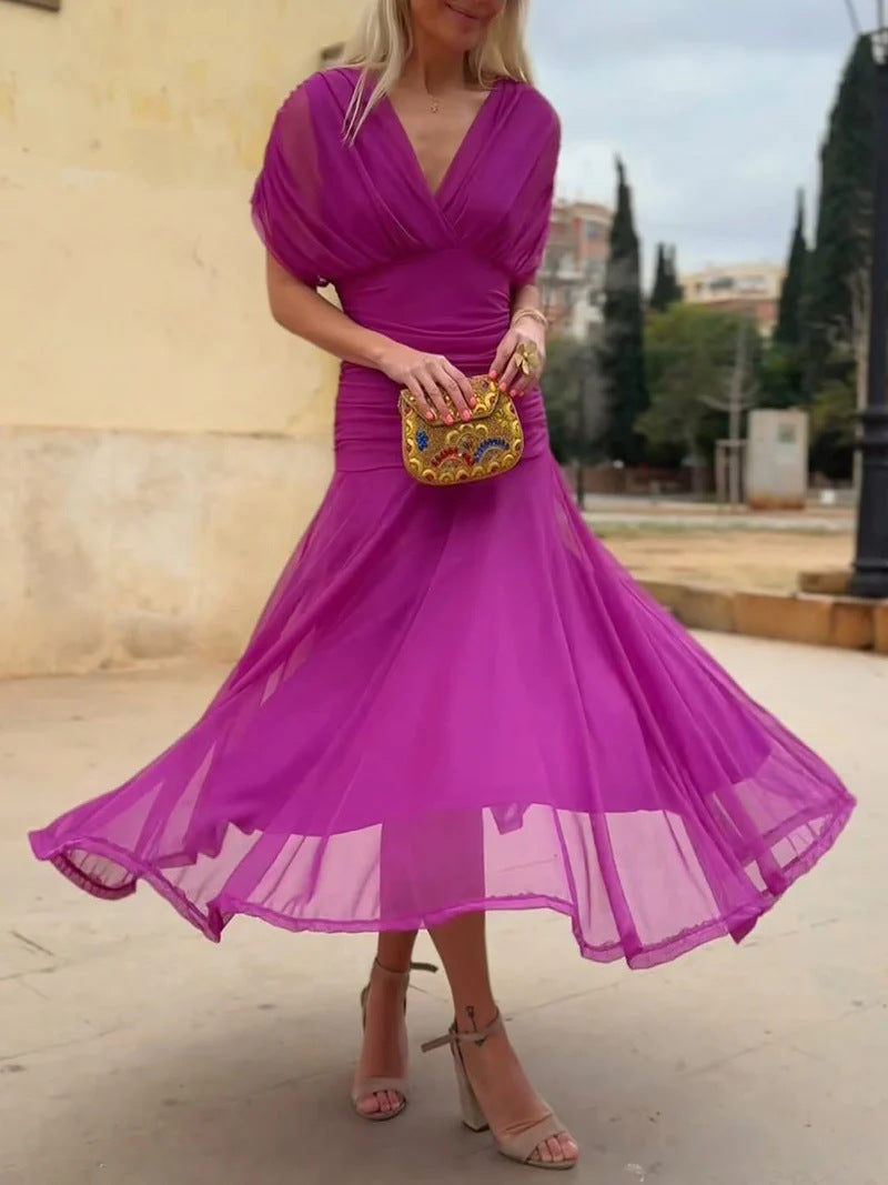 Women's Wrap Maxi Dress – Sheer Short Sleeves