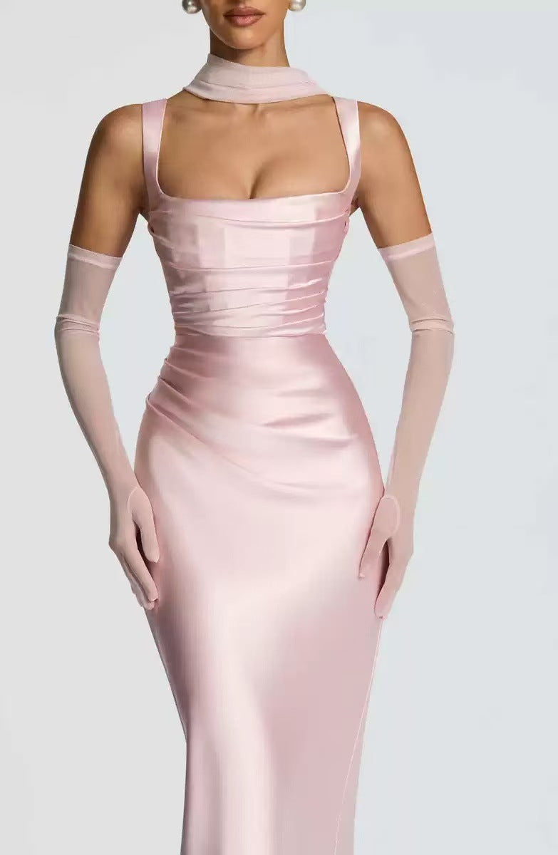 Women's Satin Maxi Dress – Draped Waist Detail