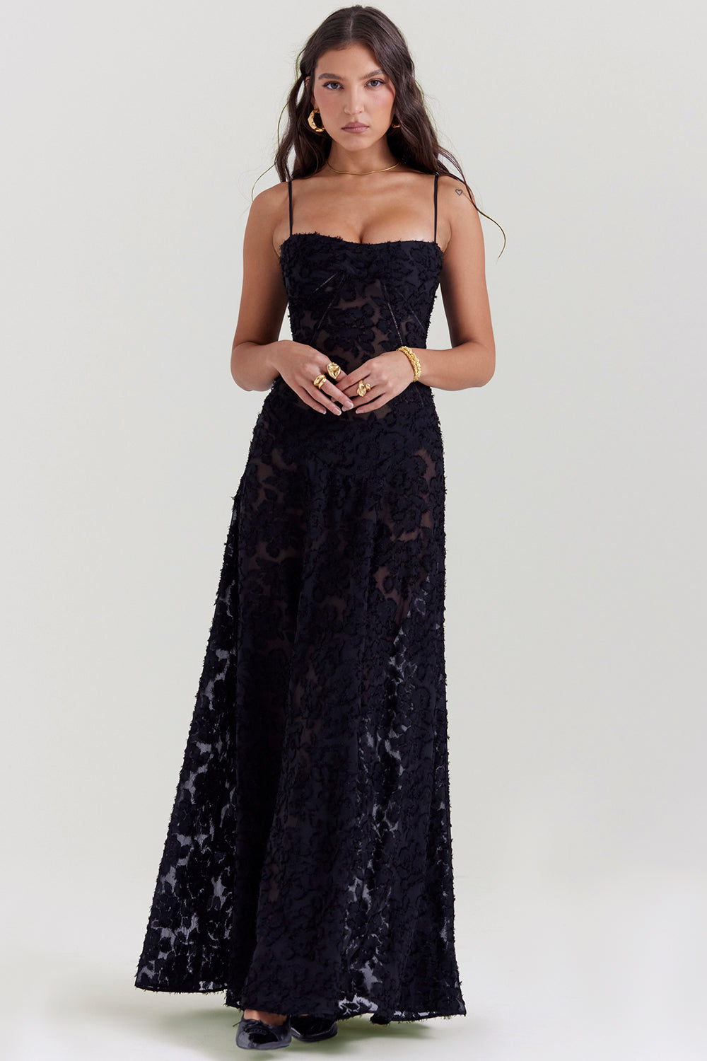 Women's Strappy Maxi Dress – Embroidered Flared Hem
