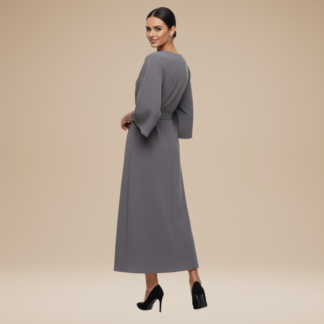 Women's Belted Wrap Midi Dress – Wide Flowing Sleeves