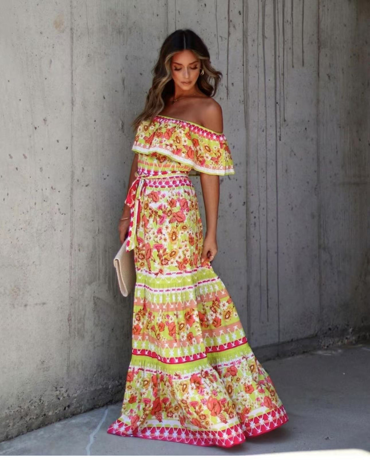 Women's Off-Shoulder Maxi Dress – Belted Flared Hem