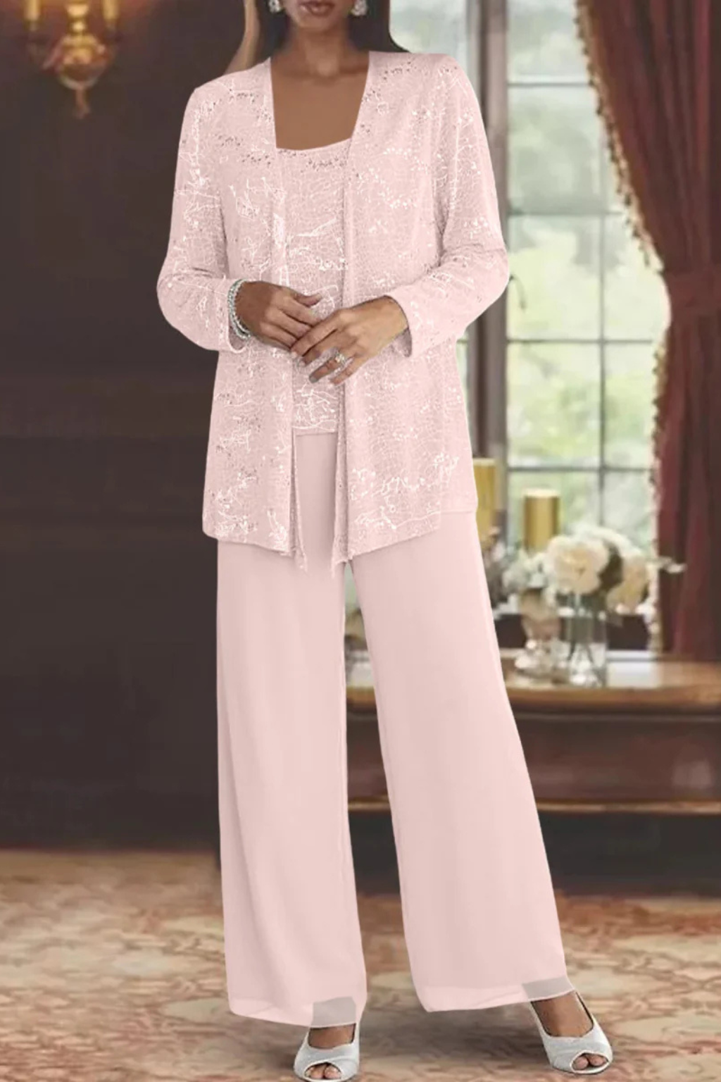 Women's Sequin Lace Suit Set – Three-Piece Wide-Leg