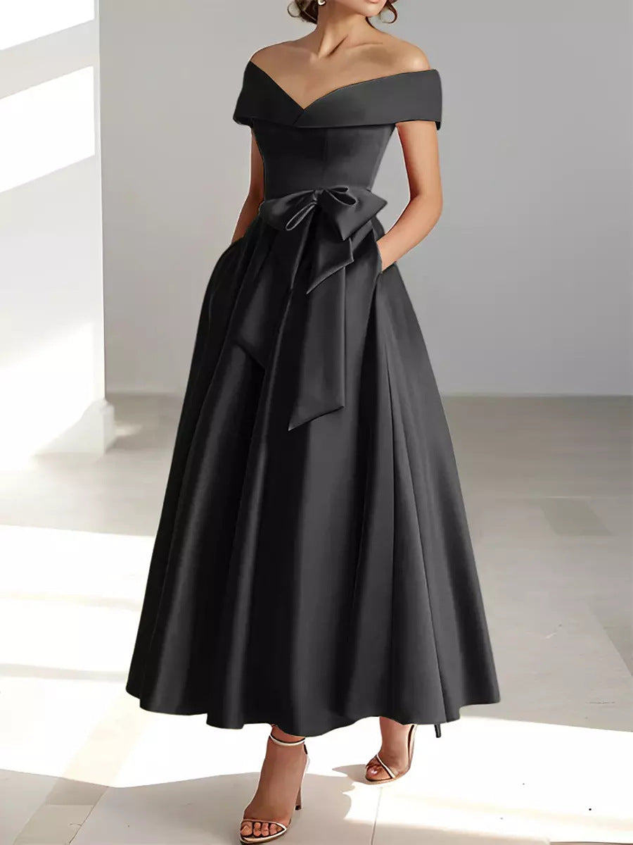 Women's Satin A-Line Dress – Off-Shoulder Ankle Length