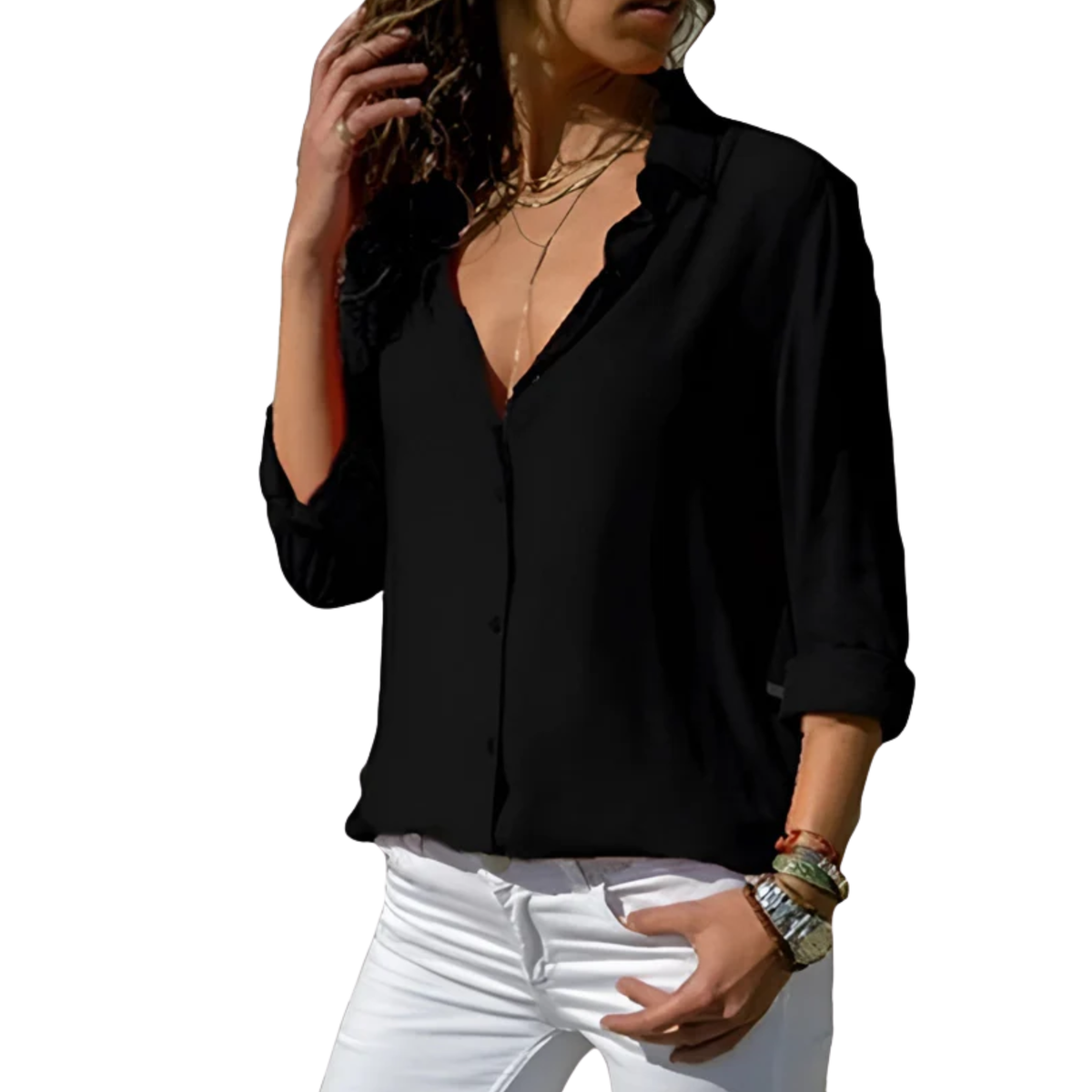 Women's Fluid V-Neck Shirt – Buttoned Long Sleeves