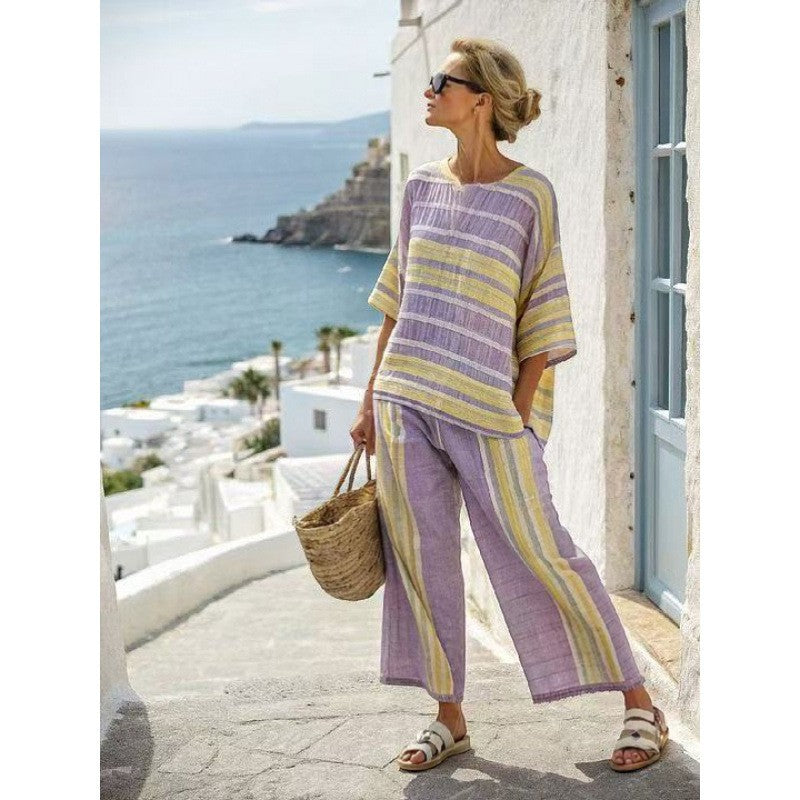 Women's Printed Two-Piece Pant Set – Wide-Leg Woven