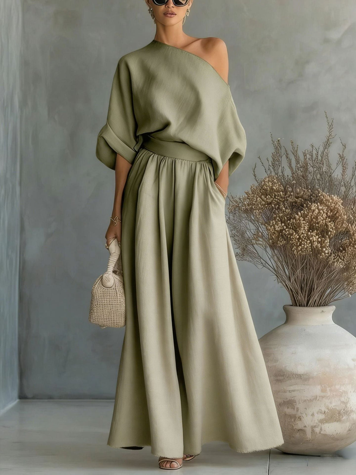 Women's Linen Two-Piece Set – Draped Blouse & Wide-Leg Pants