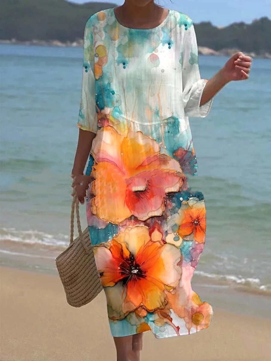 Women's Floral Midi Dress – Smocked Waist, 3/4 Sleeves