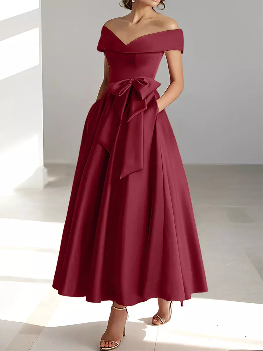 Women's Satin A-Line Dress – Off-Shoulder Ankle Length