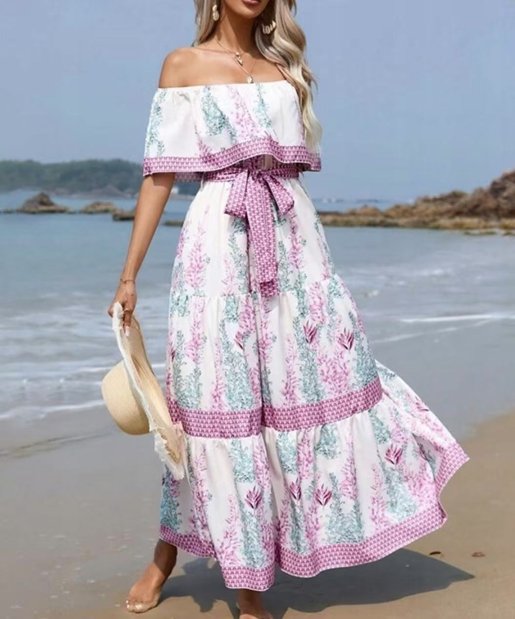 Women's Off-Shoulder Maxi Dress – Belted Flared Hem