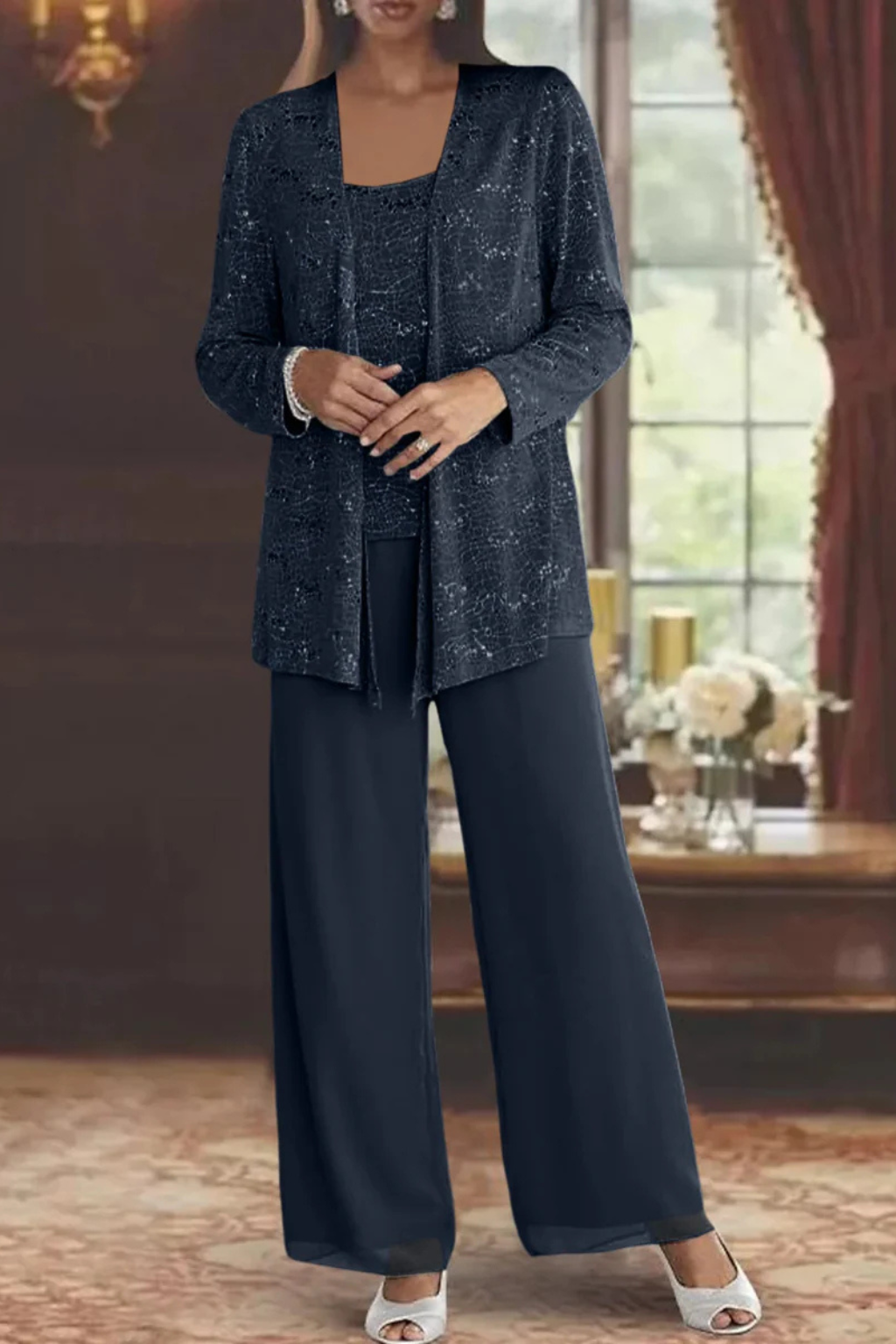 Women's Sequin Lace Suit Set – Three-Piece Wide-Leg