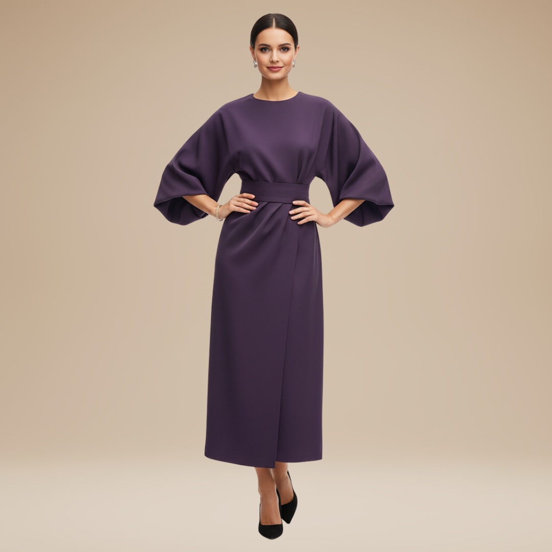 Women's Belted Wrap Midi Dress – Wide Flowing Sleeves