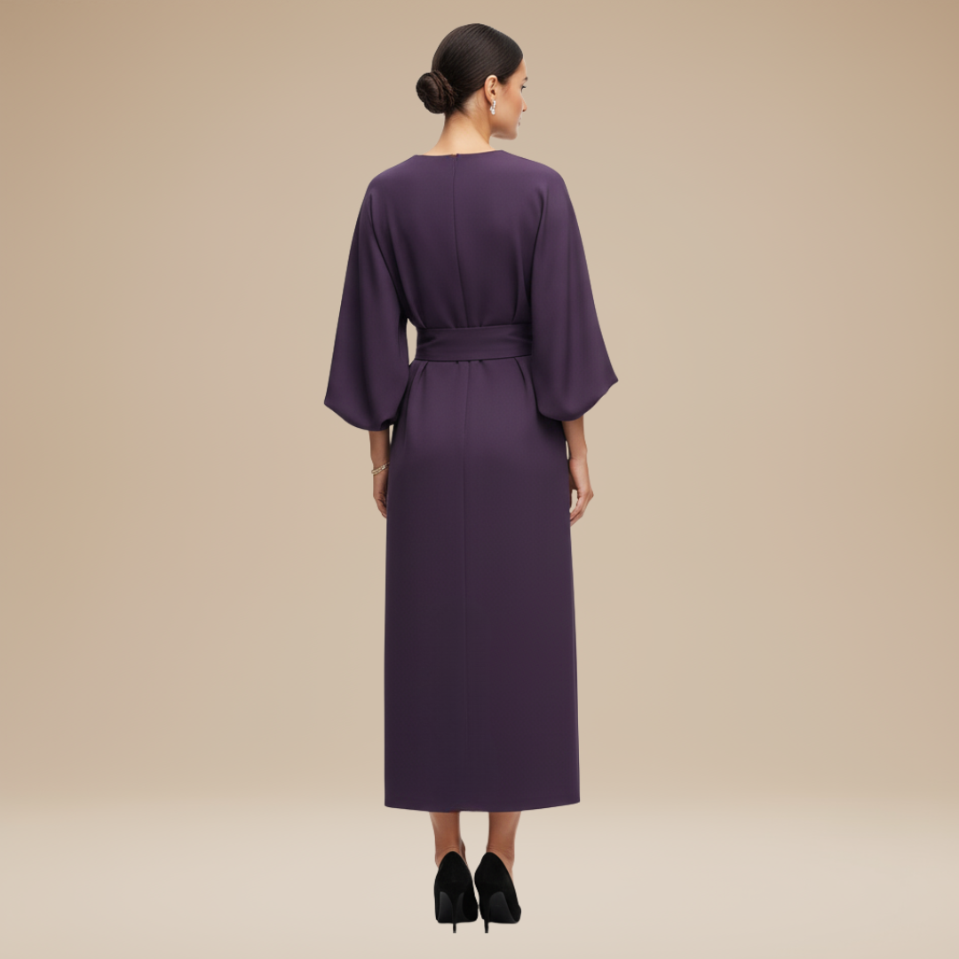 Women's Belted Wrap Midi Dress – Wide Flowing Sleeves