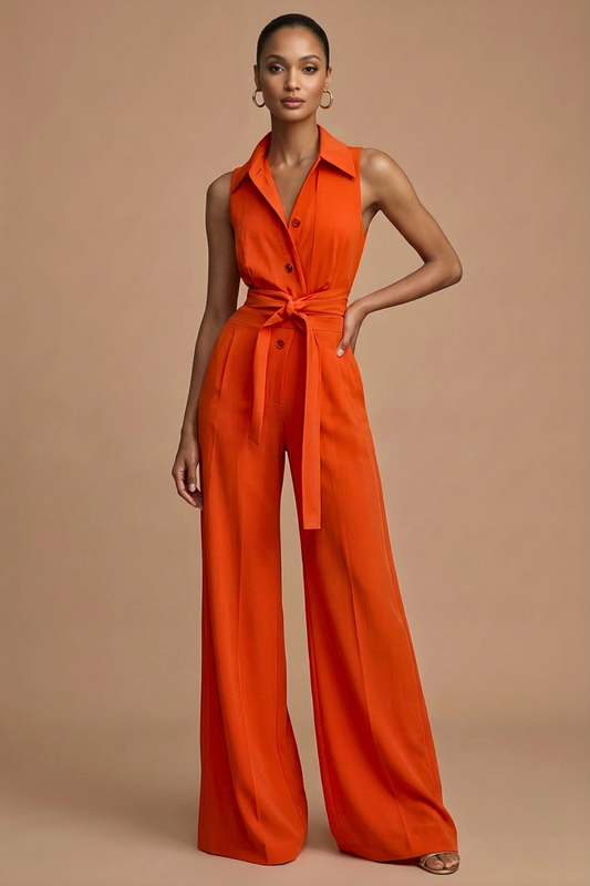 Women's Sleeveless Wide-Leg Jumpsuit – Belted Shirt Collar