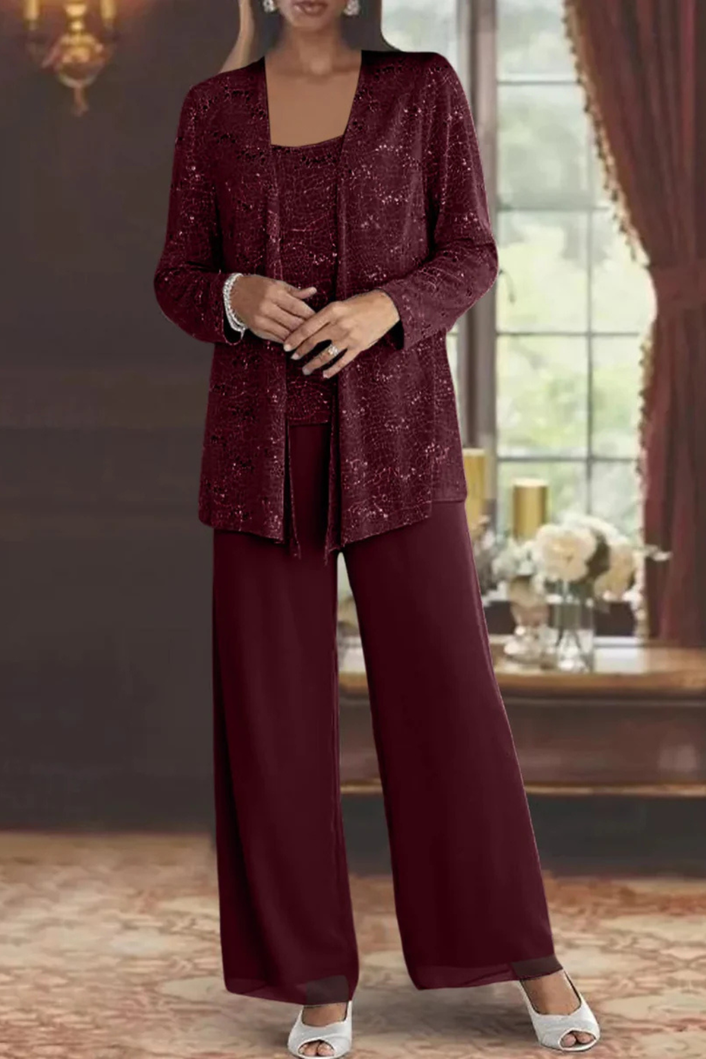Women's Sequin Lace Suit Set – Three-Piece Wide-Leg