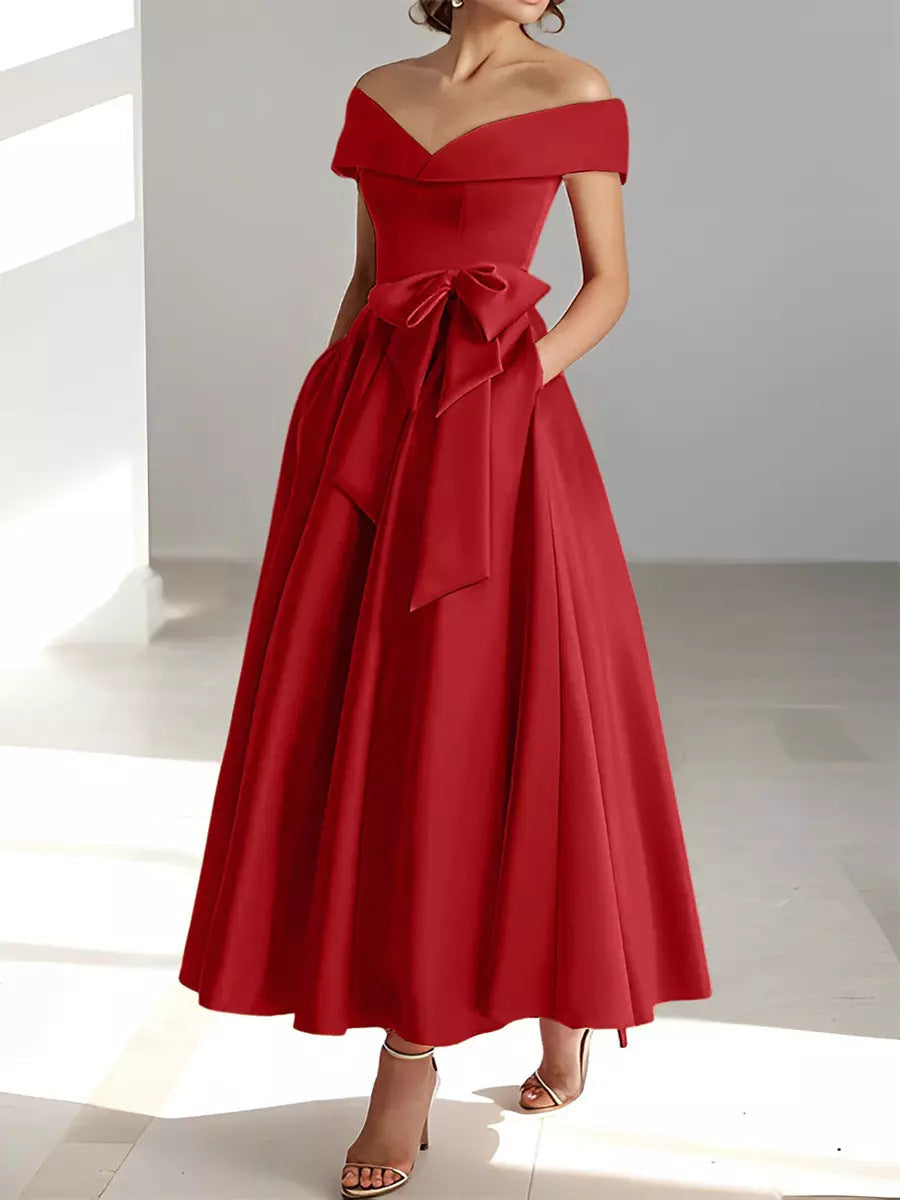 Women's Satin A-Line Dress – Off-Shoulder Ankle Length