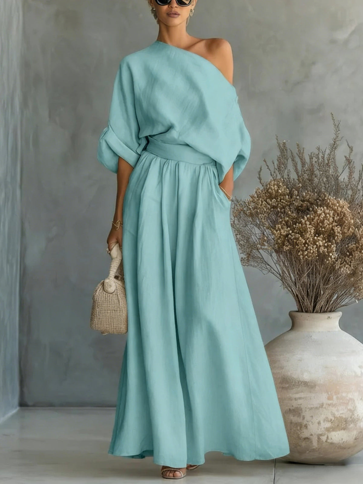Women's Linen Two-Piece Set – Draped Blouse & Wide-Leg Pants