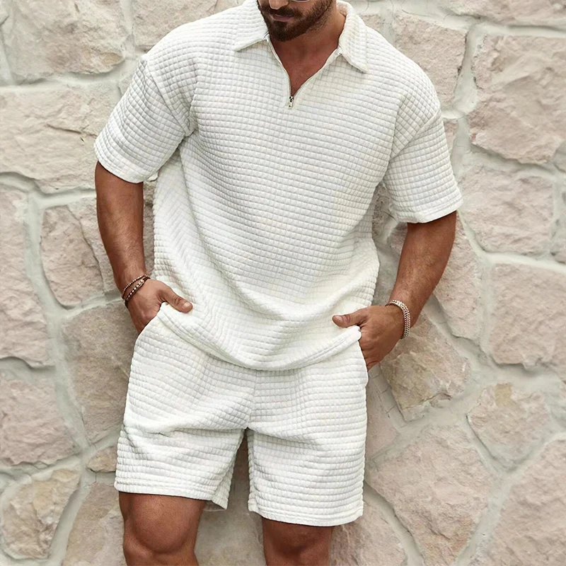 Men's Textured Two-Piece Set – Zip-Neck Shirt and Shorts