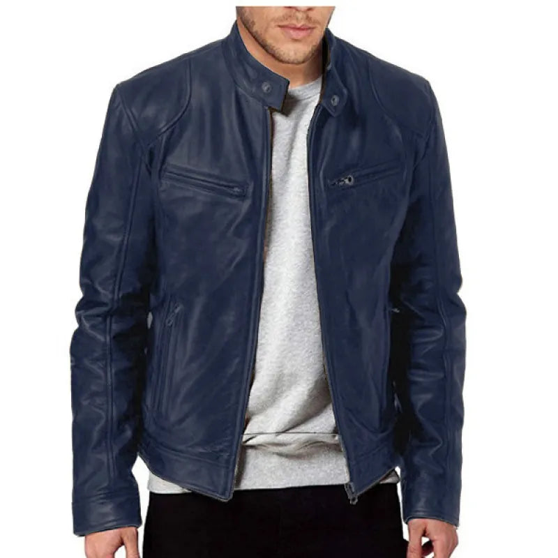 Men's Stand Collar Faux Leather Jacket – Slim Zip Front