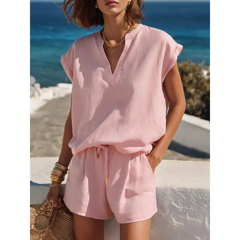 Women's Two-Piece Shorts Set – V-Neck Piped Top