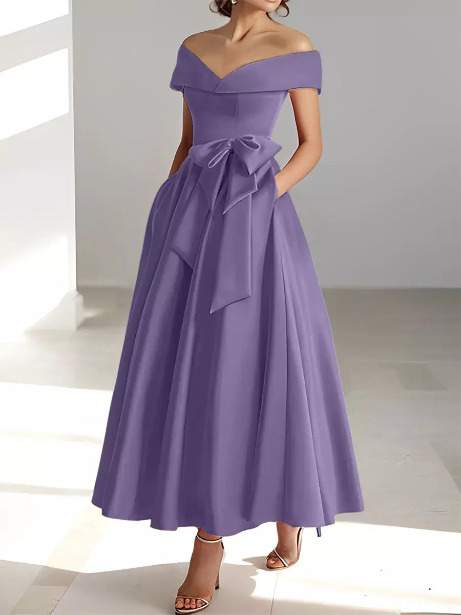 Women's Satin A-Line Dress – Off-Shoulder Ankle Length