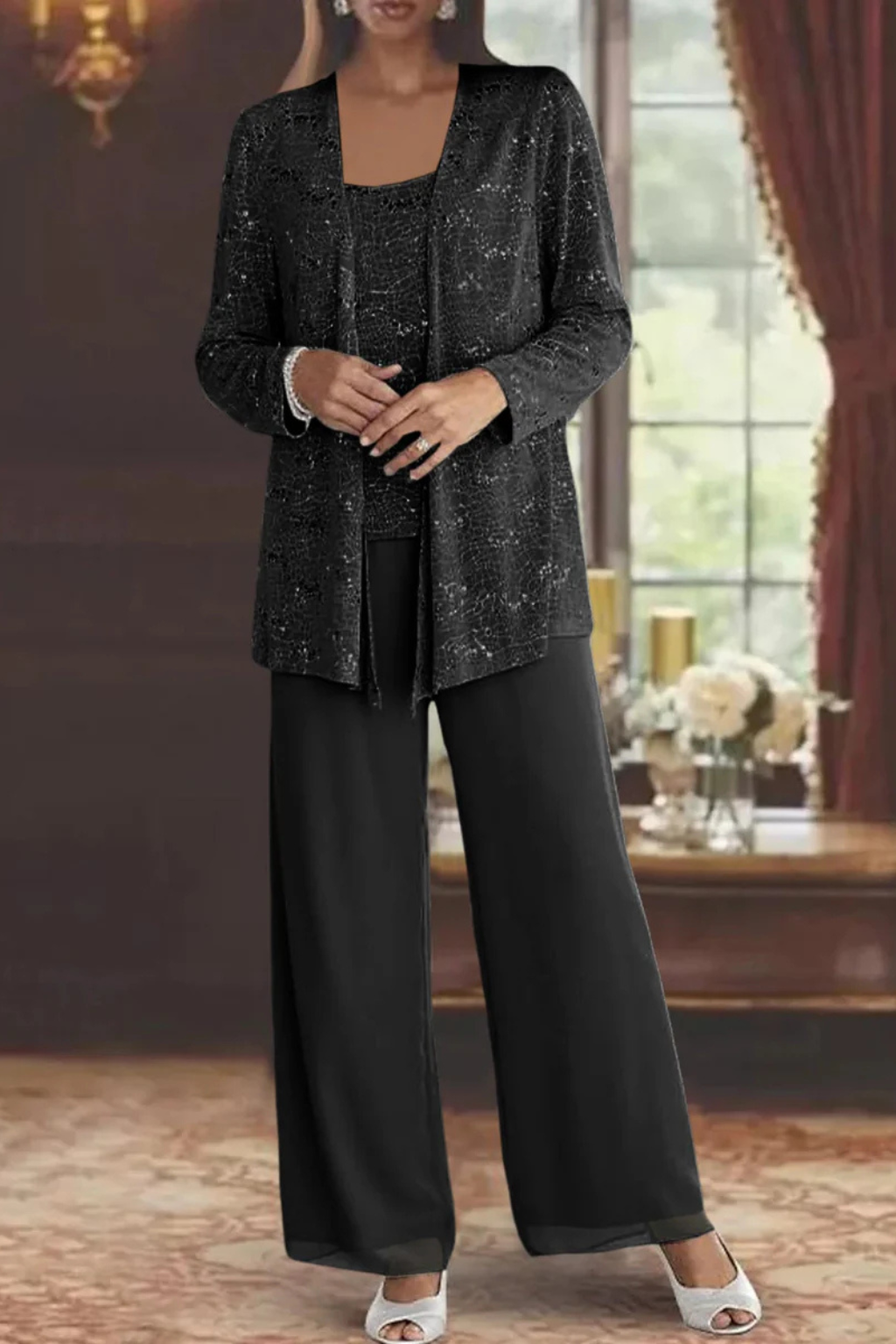 Women's Sequin Lace Suit Set – Three-Piece Wide-Leg