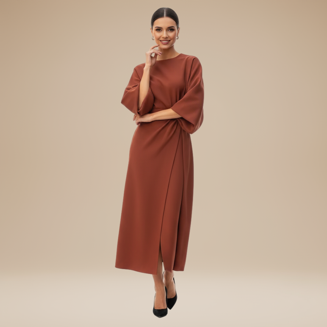 Women's Belted Wrap Midi Dress – Wide Flowing Sleeves